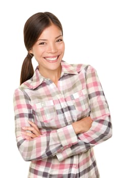 Smiling woman. Fresh outdoors type in cute lumberjack plaid shirt isolated on white background in studio. Happy beautiful mixed race Asian Caucasian female model.