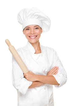 Baker / Chef woman smiling happy holding baking rolling pin wearing uniform isolated on white background. Beautiful young mixed race Asian Caucasian female model with arms crossed standing proud and confident.