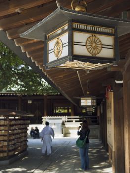 wooden lantern hanged on Japanese temple roof 