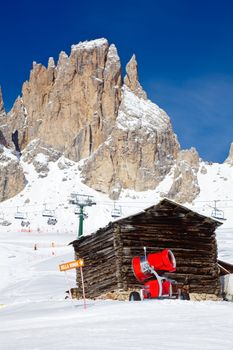 Sella Ronda orange sign at Val Di Fassa ski resort in Italy