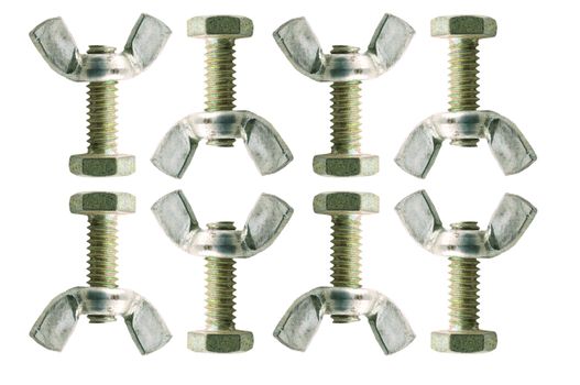 Bolts and wing nuts are arranged in two rows on a white sheet