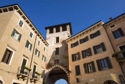 Tower and access to the Ponte Pietra in Verona, Veneto, Italy