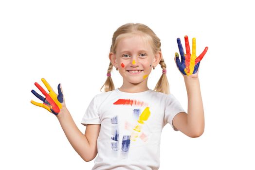 girl with painted hands, draw hands, isolated on white background