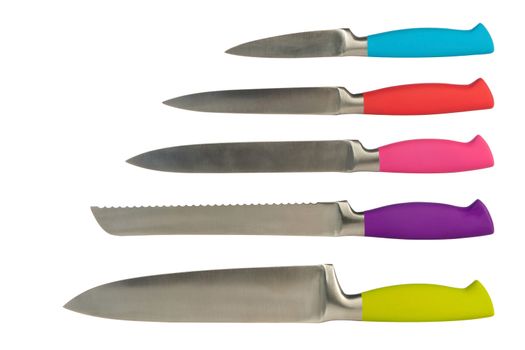 set of five knives for the kitchen isolated on a white background 