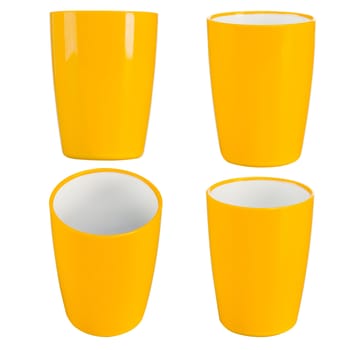 four point of view from yellow plastic glass for juice, isolated on white background.
