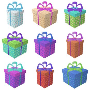 Set multi coloured square gift boxes with a patterns and bows, isolated on white background