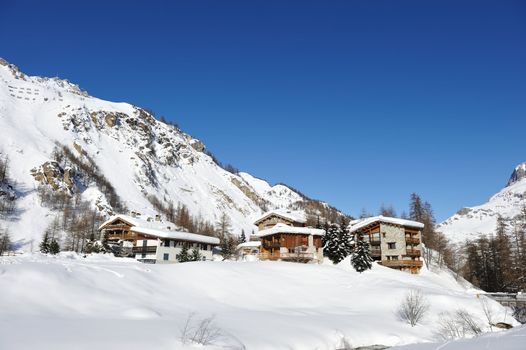 Mountain ski resort with snow in winter, Val-d'Isere, Alps, France