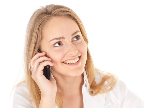 Young business woman smiling and holding phone looking up