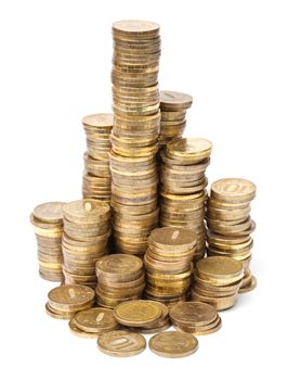 Stacks of golden coins on white background