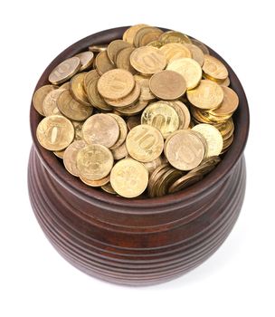 Pot of golden coins on white background