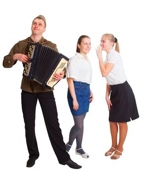 A guy with an accordion and two girls. Isolated on white background