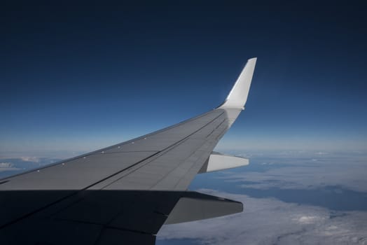 airplane wing with blue sky as background