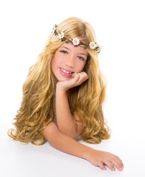 children blond girl with spring daisy flowers crown smiling on white