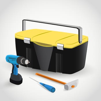 Tool Box with drill, hammer, screwdriver