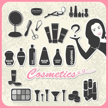 Vector set of cosmetics in retro style: shampoo, creme, nail, mascara, mirror, lipstick, comb