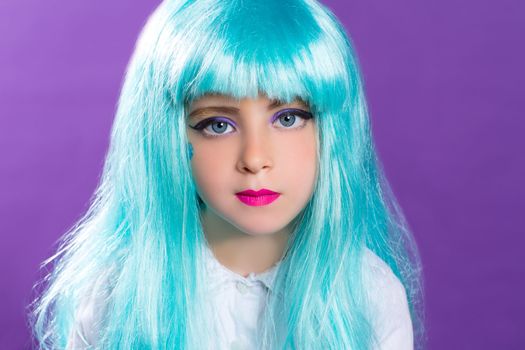 Children girl with blue turquoise long wig as fashiondoll on purple