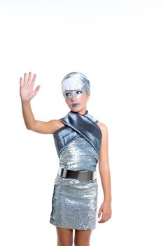 children futuristic fashion children girl rising hand up silver makeup on white