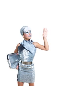 children futuristic fashion children girl rising hand up silver makeup on white