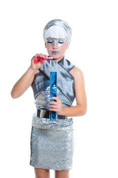 children futuristic fashion children silver girl doing chemical laboratory experiment