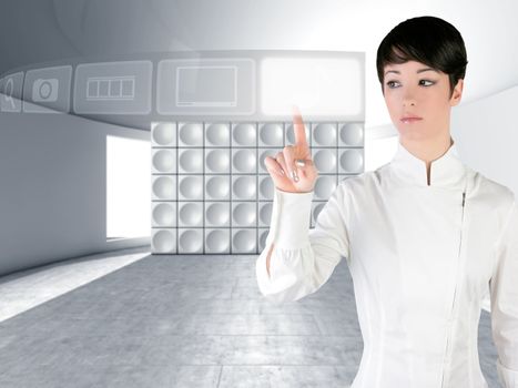 Futuristic woman touch finger copyspace in modern indoor with web holographic icons