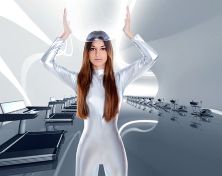 Astronaut futuristic silver woman in modern gym at spaceship indoor