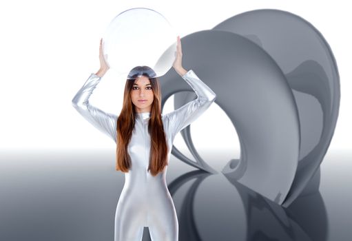 Astronaut futuristic silver woman glass helmet in modern abstract space