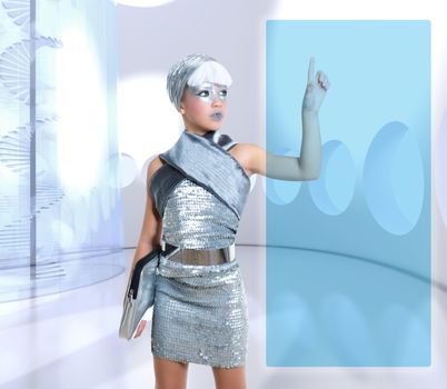 futuristic children girl in silver touch finger copyspace glass holographic screen