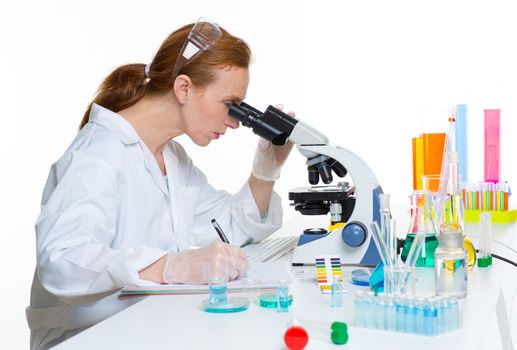 chemical laboratory scientist woman looking at microscope on white desk