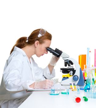 chemical laboratory scientist woman looking at microscope on white desk