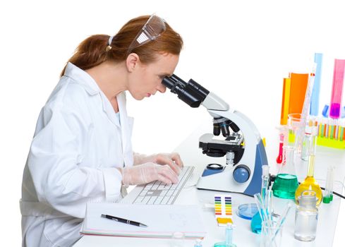 chemical laboratory scientist woman looking at microscope on white desk