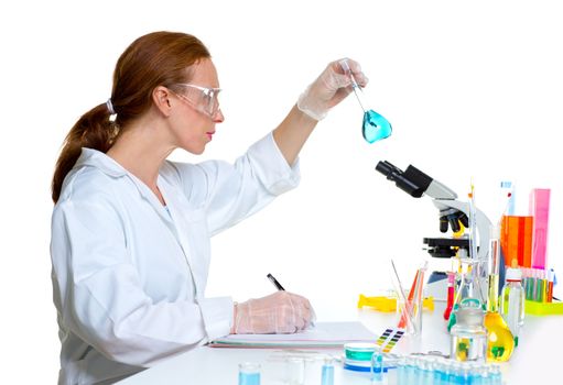 chemical laboratory scientist woman working with glass flask