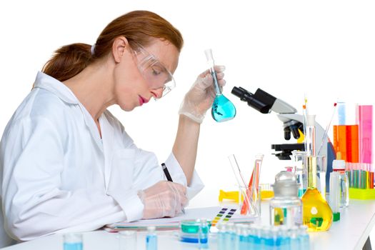 chemical laboratory scientist woman working with glass flask