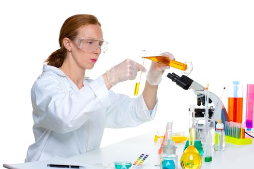 chemical laboratory scientist woman looking at test tube