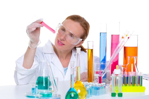 chemical laboratory scientist woman looking at test tube