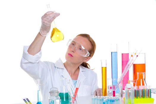 chemical laboratory scientist woman working with glass flask