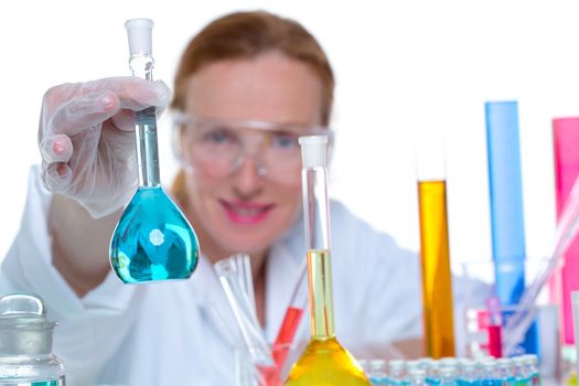 chemical laboratory scientist woman working with glass flask