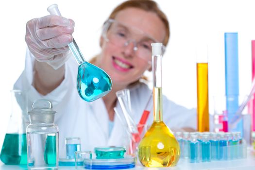 chemical laboratory scientist woman working with glass flask