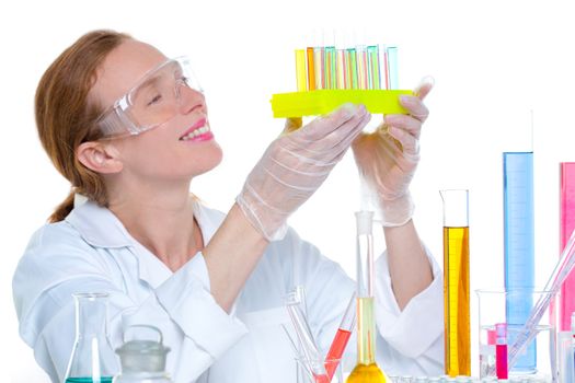 chemical laboratory scientist woman looking at test tube