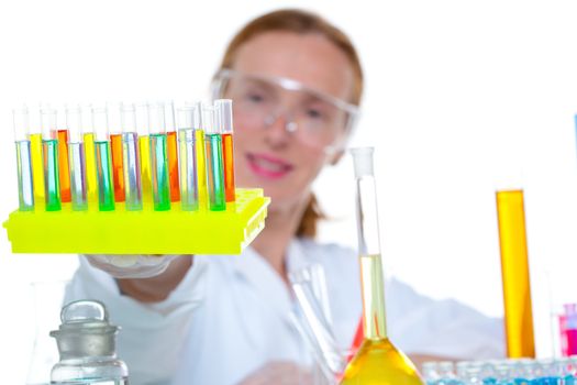 chemical laboratory scientist woman looking at test tube