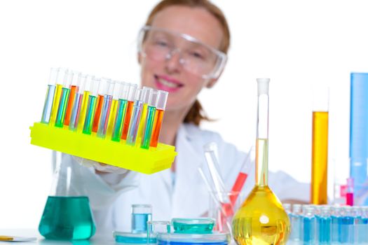 chemical laboratory scientist woman working with test tubes