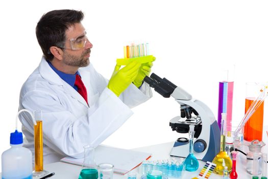 chemical laboratory scientist man working with test tubes