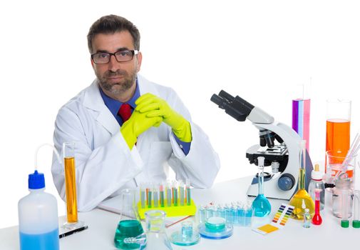 chemical laboratory scientist man working portrait on desk with microscope