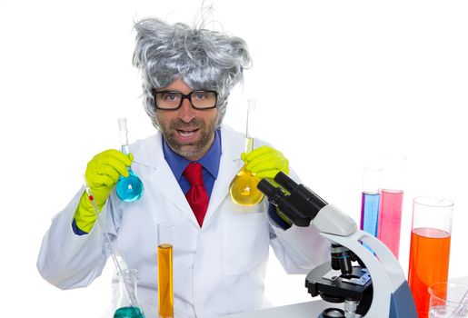 Crazy nerd scientist silly man gray hair on chemical laboratory