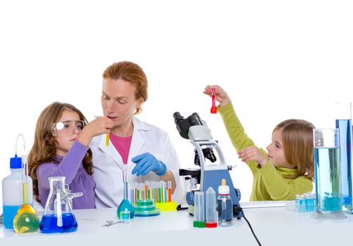 children girls and teacher woman at laboratory on school chemical class