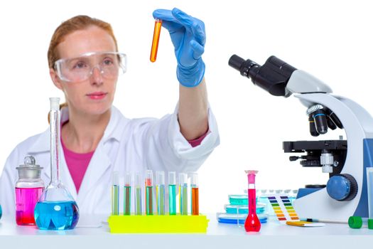 chemical laboratory scientist woman working with test tubes