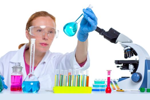 chemical laboratory scientist woman working with glass flask