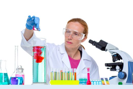 chemical laboratory scientist woman working with test tubes