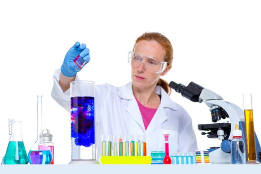 chemical laboratory scientist woman working with test tubes