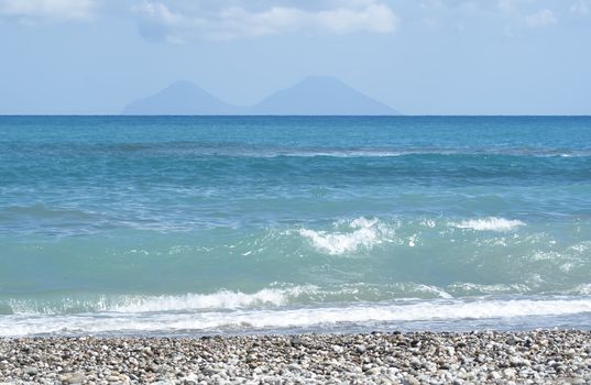 view of the Aeolian Islands from the Brolo beach in the province of Messina, Sicily
