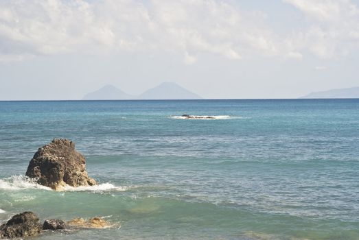 view of the Aeolian Islands from the Brolo beach in the province of Messina, Sicily